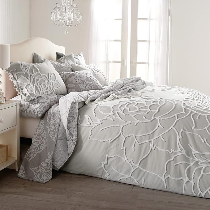 Peri Home 100% Cotton 3-Piece Duvet Cover & Sham Set, Full/Queen, Grey Chenille Rose