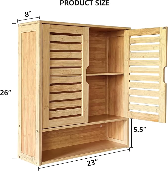 HYNAWIN Bathroom Wall-Mounted Medicine Cabinet - Over-The-Toilet Floating Bamboo Storage Organizer with Adjustable Shelf, Space-Saving for Kitchen, and Living Room