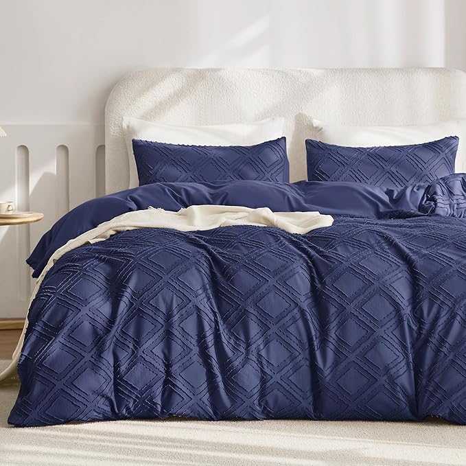 JELLYMONI Duvet Cover Twin Size Navy Blue - 3PCS Boho Duvet Cover Set Plaid Polyester Tufted Bohemian Jacquard Knit Textured Comforter Cover 68×90in Rhombic Geometric Pattern Corner Ties & Zipper