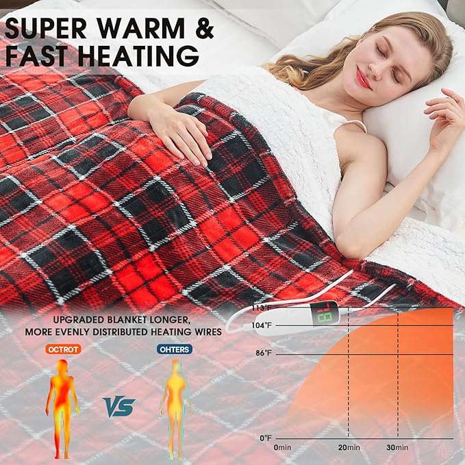 Heated Electric Blanket Twin Size,62X84 Heating Blanket,Red Plaid Soft Sherpa Blankets Warmer Gift for Grandma Women Adult,Fast Heating Washable
