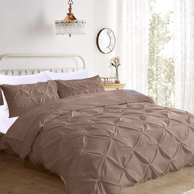 Pinch Pleated Duvet Cover Set 100% Cotton 3PC Super King Size 98x108 Duvet Cover Set, Decorative Pinch Design Taupe Duvet Cover with Matching Pillow Case