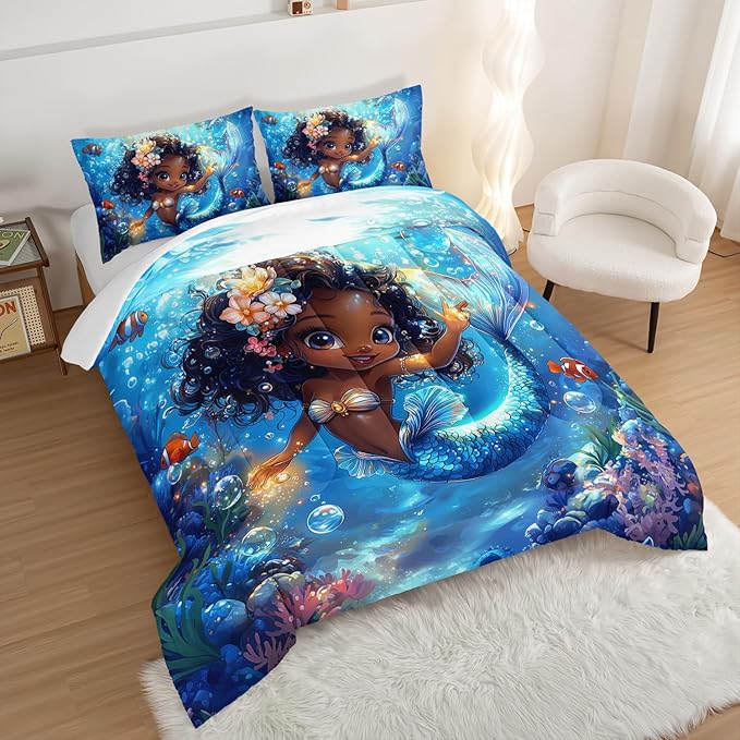 Black Little Mermaid Pattern King Comforter Set,Underwater World Ocean Themed Bedding Sets for Kids Toddlers Girls Boys Room Decor,Princess Bedding with 2 Pillowcases.
