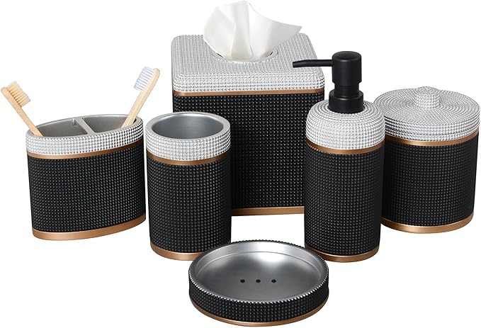 Decozen Bathroom Accessories Set 6Pcs – Soap Dispenser, Toothbrush Holder, Tumbler, Soap Dish & Cotton Swab Jar – Modern Bathroom Decor, Bath Set for Christmas Decor, Seiler