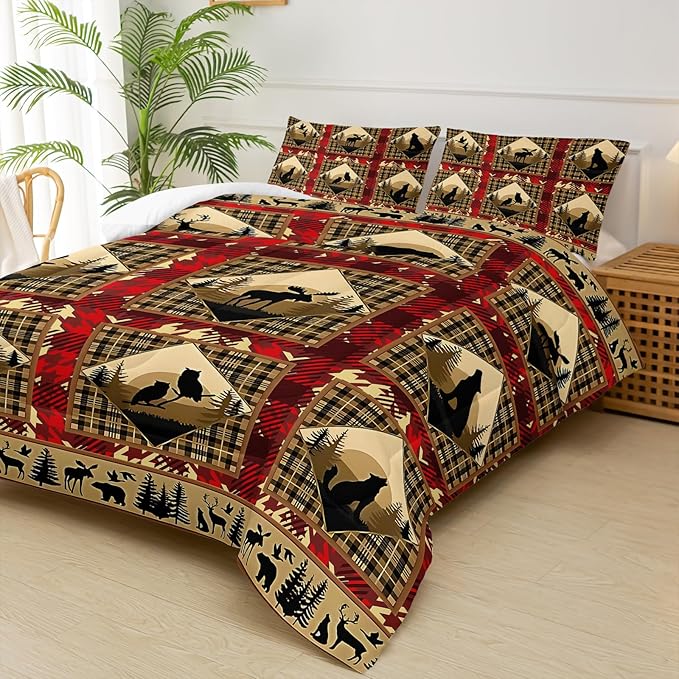 Red and Black Plaid Comforter Set Full，Full Size Bedding Set Animal Print，Rustic Farmhouse Quilt Bedding Sets Full，with 1 Comforter with 2 Pillow Case