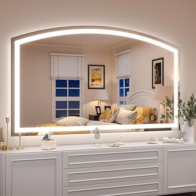 Hasipu 60x36 Inch LED Bathroom Mirror Arch Vanity Mirror with Lights Frontlit Smart Touch Sensor Dimmable 3 Colors Temperature Shatterproof Wall-Mounted Vanity Mirror Metal Frame