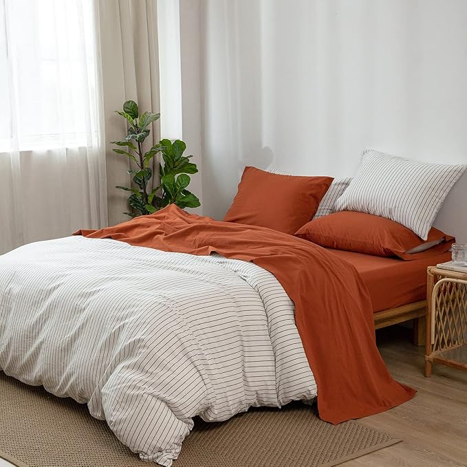 MooMee Bedding Sheet Set 100% Washed Cotton Linen Like Textured Breathable Durable Soft Comfy (Solid Rust Brown, Full)