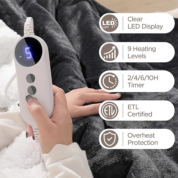 Electric Blanket Twin - Soft Flannel Heated Blanket Twin Size 62x84 inches, Ultra Soft Fast Heating with 2-10 Timer Settings & 9 Heat Settings, Warm Gift for Grandma, Dark Gray