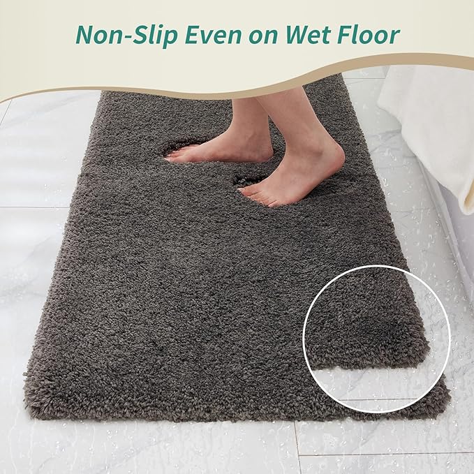 Small Bathroom Rugs 17x24 Non Slip Dark Grey Fluffy Bath Mat for Bathroom Floor Machine Washable Plush Luxury Bath Rug for Tub Soft Shaggy Absorbent Shower Mat