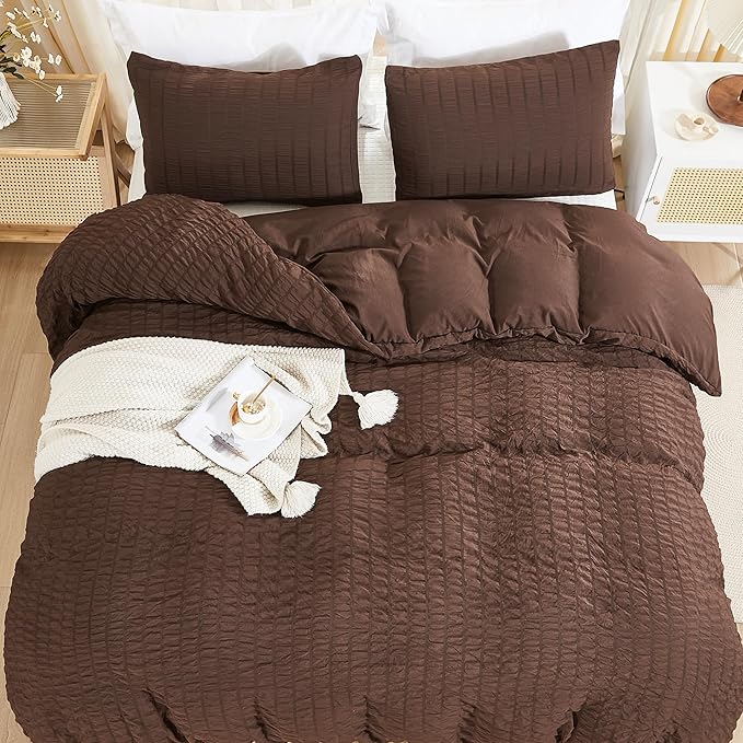 AveLom Brown Duvet Cover Full(80 x 90 inches), 3 Pieces (1 Duvet Cover, 2 Pillow Cases),Seersucker Tripe Soft Washed Microfiber Textured Duvet Cover Set with Zipper Closure, Corner Ties