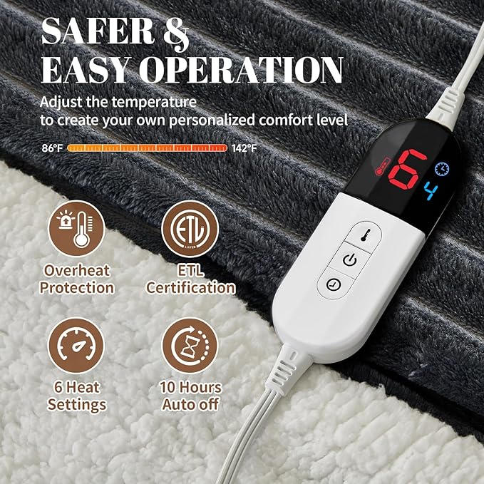 Electric Heated Blanket Full Size - 72"x84" Fast Heating Bed Blankets with 6 Heating Levels & 10 Hours Auto Off, Soft Ribbed Flannel Sherpa, Over-Heated Protection ETL, Dark Gray