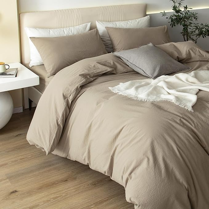 JIYUAN 100% Washed Cotton Duvet Cover Set 3 Pieces Full, 1 Duvet Cover 80x90 Inches(Comforter Not Included) and 2 Pillowcases,Linen Feel Bedding Set Comfy and Breathable,Khaki