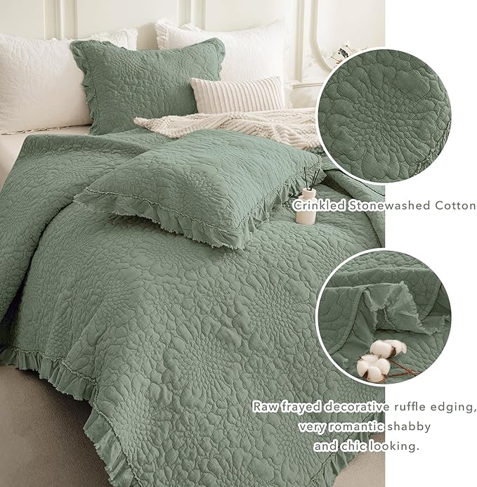 QSH 3PCs Stonewashed Cotton Quilt King (110"x98"),Olive Green Ruffle Quilt King Size Bedding Set,Ultra Lightweight Soft Crinkled Bedspread Coverlet King Shabby Farmhouse Chic Bedding for All Seasons