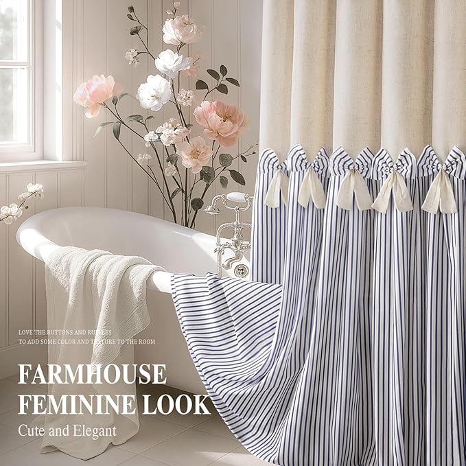 Farmhouse Shower Curtain Linen Bow Woven Fabric Country Rustic Western, Pleated Blue Stripe 72" W x 72" L