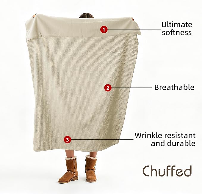 CHUFFED Cotton Waffle Blanket Queen Size - Plush Milk Velvet & Reversible Waffle Weave,Anti-Static 300Gsm Design，Thick Cozy Soft Winter Blanket for Bed, Couch, Sofa - Beige, 90x90 Inches