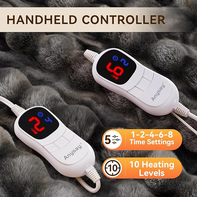 Heated Blanket King Size with 1/2/4/6/8 Hours Auto-Off 10 Heat Level, 90'' * 100'' Cozy Faux Rabbit Fur Bubble Electric Blanket with Overheat Protection(Tie-Dye Dark Grey)