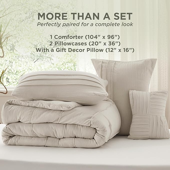 Bedsure California King Comforter Set - 4 Pieces Pinch Pleat Bed Set, Beige Boho Bedding for All Season, 1 Soft Comforter, 2 Pillowcases, 1 Decorative Pillow