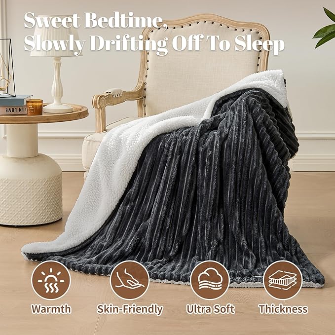 Electric Heated Throw Blanket - 50"x60" Fast Heating Bed Blankets with 6 Heating Levels & 4 Hours Auto Off, Soft Ribbed Flannel Sherpa, Over-Heated Protection ETL, Dark Gray