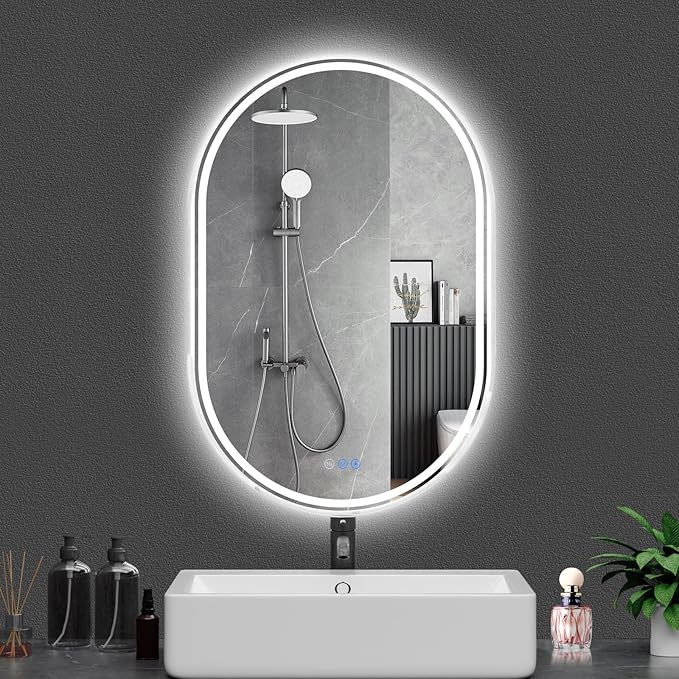 Bathroom Mirror 24"x40" LED Bathroom Mirror with Lights, Anti-Fog, Dimmable Oval Mirrors with Front Light and Backlit, Modern Farmhouse Wall Mounted Mirror for Decorative