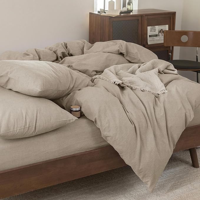 FOSSA Duvet Cover Set 100% Washed Cotton Linen Feel Super Soft Breathable Cozy 3 Pieces Bedding Sets Solid Tannish Linen Grey Twin/Twin XL