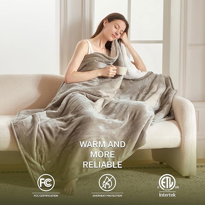 Heat Blanket 90”x100” King Size-Dual Control,Soft Flannel & Sherpa Electric Blanket with 10 Heat Settings,12 Timer Setting and 8 Hours Auto-Shut Off,ETL Certified Machine Washable,Light Brown