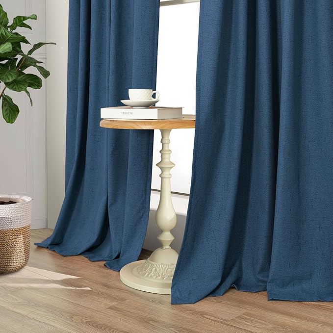 Navy Blue Curtains 108 Inches Long 2 Panel Faux Linen Nautical Modern Farmhouse Blackout Curtain for Bedroom Dining Living Room Divider Drapes Sun Heat Light Blocking Ceiling to Floor Length Dark Blue