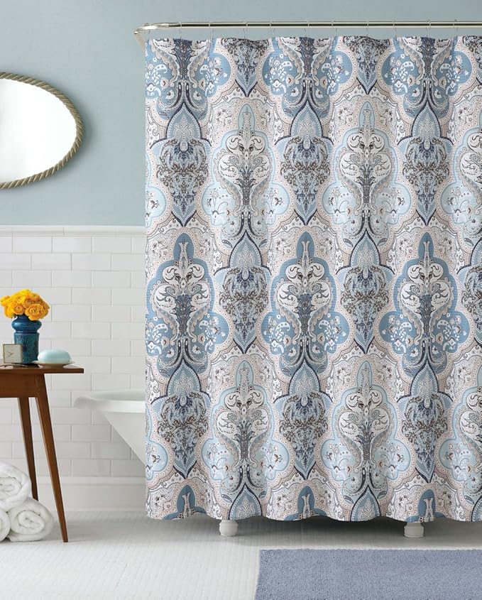 Decorative Blue & Brown Boho Fabric Shower Curtain, Modern Farmhouse for Vintage Rustic Bathroom Decor, Floral Victorian, 72 x 72