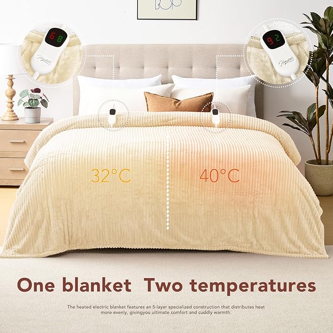 Homemate Electric Heated Blanket Queen Size - 84"x90" Heating Blanket Queen Size Dual Control 1/2/4/6/8 Hours Auto-Off 10 Heat Level Over-Heat Protection Soft Flannel Sherpa ETL Certification