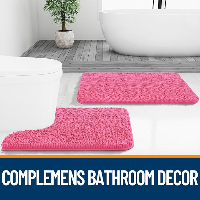 OLANLY Toilet Rugs U-Shaped 24x20, Extra Soft Absorbent Chenille Contour Bathroom Rugs for Toilet, Dry Quickly, Machine Washable, Non-Slip Bath Mat, Hot Pink