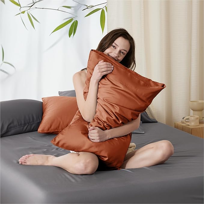 Bedsure Pillow Cases Standard Size, Cooling Pillow Cases, Rayon Derived from Bamboo Burnt Orange Pillowcases Standard Set of 2, Breathable & Soft Pillow Covers with Envelope Closure, 20x26 Inches