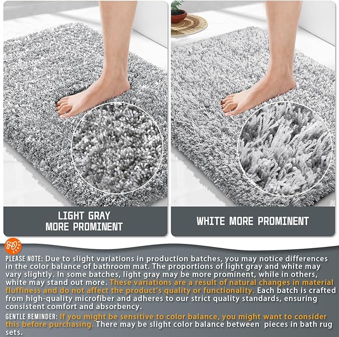 Yimobra Bathroom Rugs Non Slip Washable 32x20, Ultra Soft and Water Absorbent Bath Mats, Plush Fluffy Shower Mat Outside, Microfiber Thick Matts for Bathroom Floor/Tub, Light Gray and White