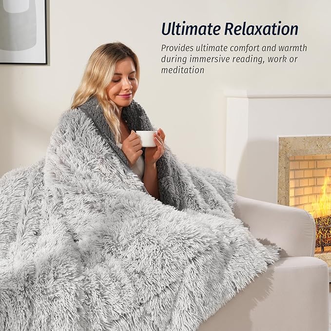 Wemore Shaggy Long Fur Faux Fur Weighted Blanket, Cozy and Plush Sherpa Long Hair Blanket for Adult 20lbs, Fluffy Fuzzy Sherpa Reverse Heavy Blanket for Bed, Couch, Backprint Grey, 60 x 80 Inches