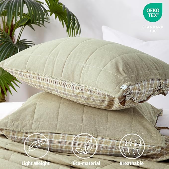 Moss Green Bedspreads Queen Size， Cotton Quilt 3-Pieces Bed Set Queen Size with Green Checked Stone Washed Bedding Coverlet with 2 Pillow Shams