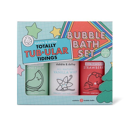 Dabble & Dollop Totally Tub-ular Tidings Bubble Bath Set - Holiday Gift Bundle with Three Mixable 3-in-1s - Bubble Bath Body Wash and Shampoo - Strawberry, Honeydew & Vanilla