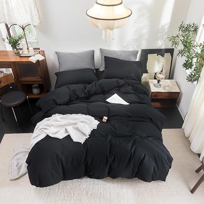 FOSSA Duvet Cover Set 100% Washed Cotton Linen Feel Super Soft Breathable Cozy 3 Pieces Bedding Sets Solid Black King