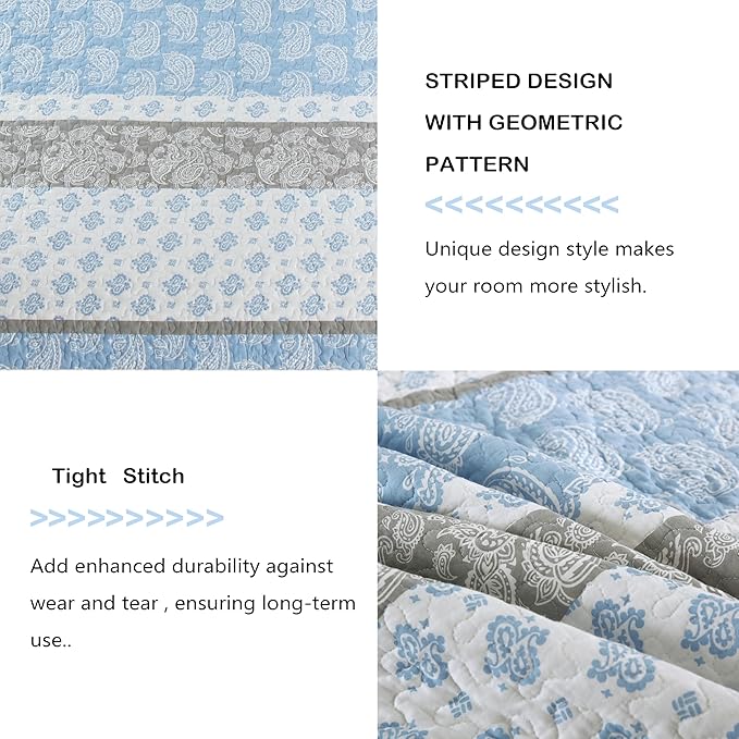 Quilt King Size, Cotton Bedding Set, Blue Striped King Size Comforter Set, Bohemian Bedspread with Shams for All Season, 3 Pieces