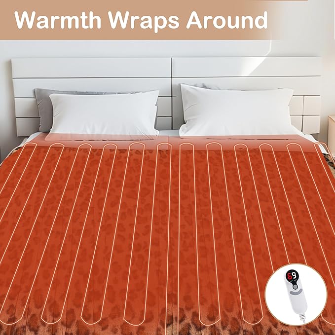 Electric Heated Blanket Twin Size 62”x84”,Soft with 6 Heating Settings 1-10 Hours Auto-Off, One Touch Operation, Machine Washable, Brown Leopard Print