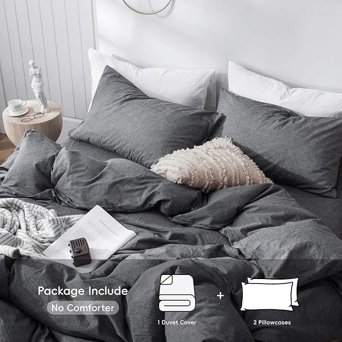MooMee Bedding Duvet Cover Set 100% Washed Cotton Linen Like Textured Breathable Durable Soft Comfy (Heathered Dark Grey, Cal King 104"x98")