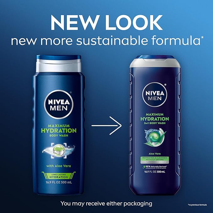 Nivea Men Maximum Hydration Body Wash for Dry Skin, Aloe Vera Enriched, 3-in-1 Moisturizing Body Wash, Face and Hair, Paraben Free, Vegan Formula, 16.9 Fl Oz Bottle, Pack of 3
