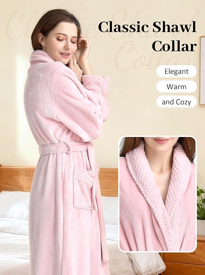 Artfasion Womens Long Fleece Robe - Warm Soft Floor Length Flannel Bathrobes for Winter Thicker Long House Coat with Pockets