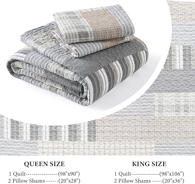 Uniclinens Quilt Set Queen Size, 100% Cotton Quilted Quilts Bedding Set Bedspreads, Farmhouse Patchwork Plaid Quilted Comforter Set, 3 Pieces Set with 2 Pillowshams, Cream/Grey/Brown