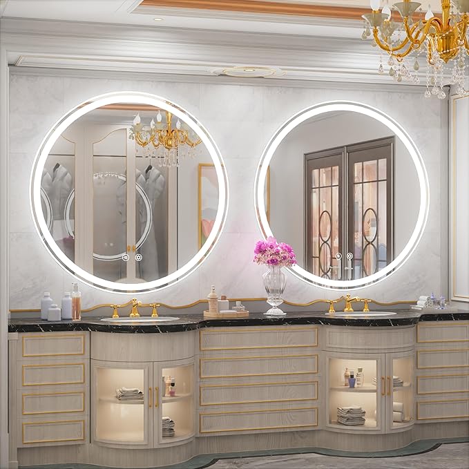 40-Inch Round LED Bathroom Mirror with Anti-Fog, Dimmable Front & Backlit Lights, 6000K Daylight, Frameless, 5mm HD Glass, Memory Function, Touch Control
