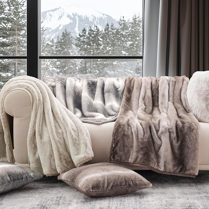 EVERGRACEHOME Ultra Soft Luxury Fluffy Mink Faux Fur Throw Blanket, Thick Warm Fall Winter Blankets for Bed, Couch, Cozy Plush Reversible Blanket for Chair, Sofa (Ombré Hazel Brown, 50"x60")