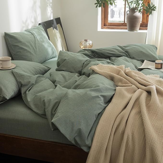 FOSSA Duvet Cover Set 100% Washed Cotton Linen Feel Super Soft Breathable Cozy Simple Style 3 Pieces Bedding Sets Solid Heathered Green California King