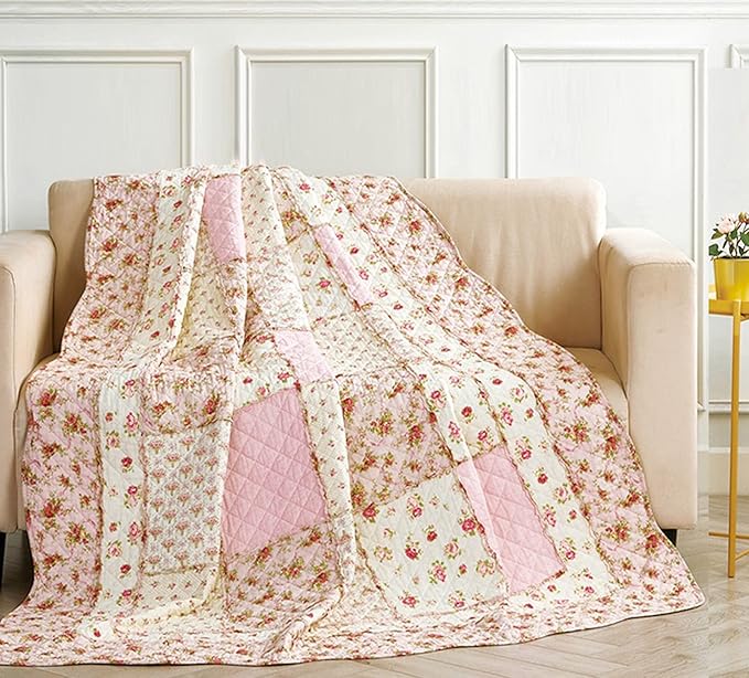 Cozyholy Original 100% Cotton Patchwork Quilt Twin Size Pink Floral Bedspread Coverlet Reversible Vintage Shabby Chic Quilted Throw Blanket Bed Quilt Cover for Couch Sofa