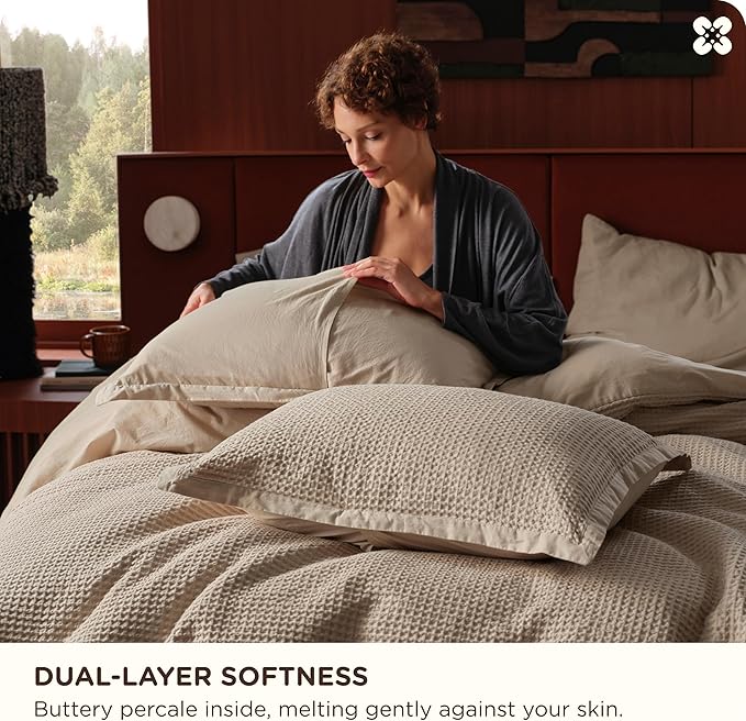Bedsure Cotton Duvet Cover Set - 100% Cotton Waffle Weave Khaki Duvet Cover Oversized Queen Size, GentleSoft™ and Breathable Bedding Set for All Season, 3 Pieces, 98"x98"