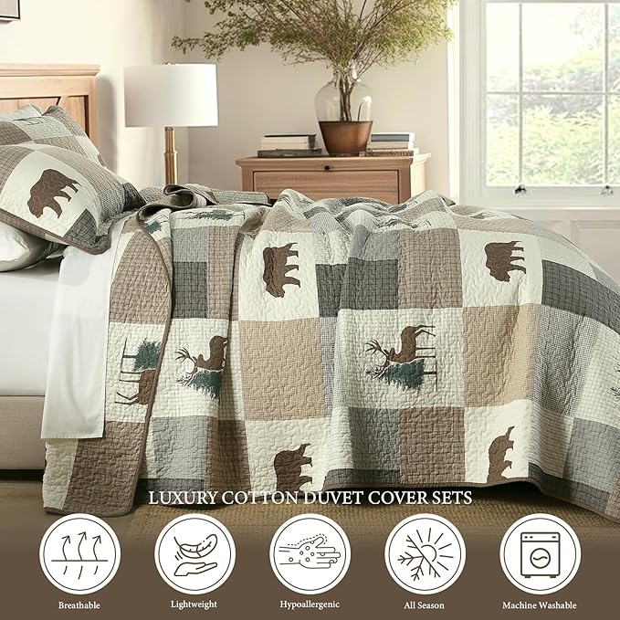 Uniclinens Plaid Quilt Set King Size, 100% Cotton Patchwork Quilts, Brown Farmhouse Lightweight Quilted Comforter, Soft Rustic Bedspread, 3 Pieces Set with 2 Pillowshams, Beige/Brown/Gray