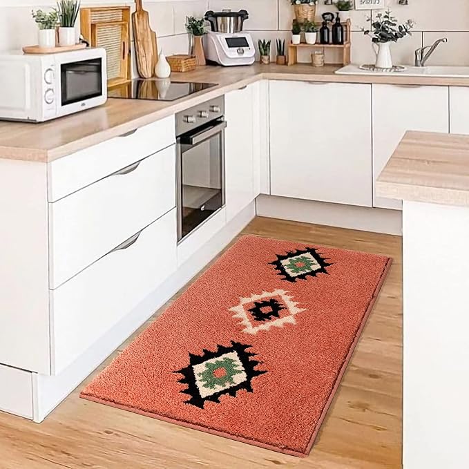 DEXDE Bathroom Rugs 20x47 Boho Bath Mat Non-Slip Long Bath Rug Runner Luxury Soft Absorbent Carpet for Bathroom Shower Kitchen Entryway Western Farmhouse Decor,Coral Red