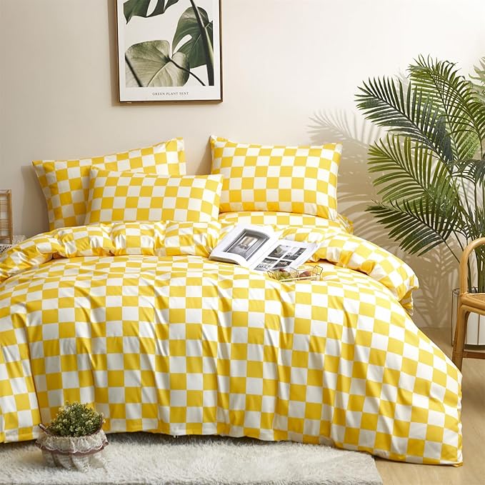 KAREVER Yellow White Grid Comforter Set Queen Yellow Plaid Bedding Set Women Yellow and White Checkered Bed Comforter Set Breathable Blanket Set Men Durable Bedding Comforter Set