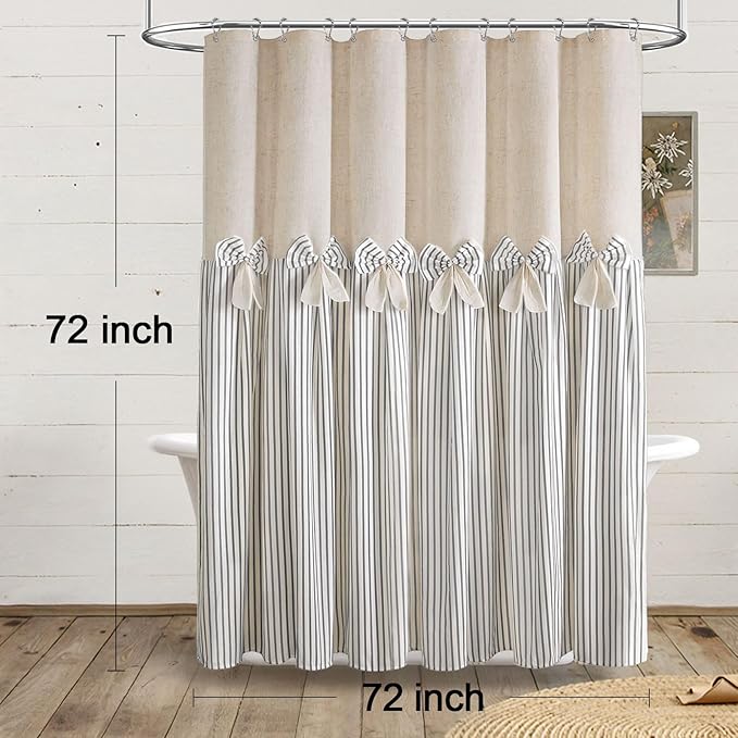 Farmhouse Shower Curtain Linen Bow Woven Fabric Country Rustic Western, Pleated Grey Stripe 72" W x 78" L