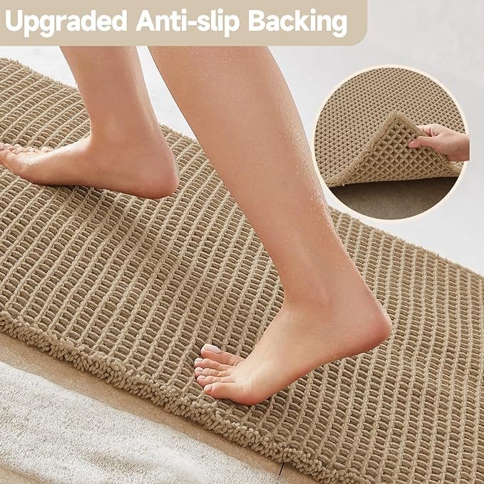 Waffle Bath Mat, Boho Bathroom Rugs Non Slip Washable Super Absorbent Quick Dry Farmhouse Bathroom Decor, 36"x24" Khaki